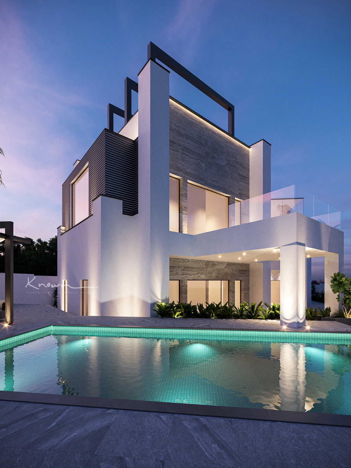 Modern styled entryway beside a swimming pool with contemporary architecture and clean lines