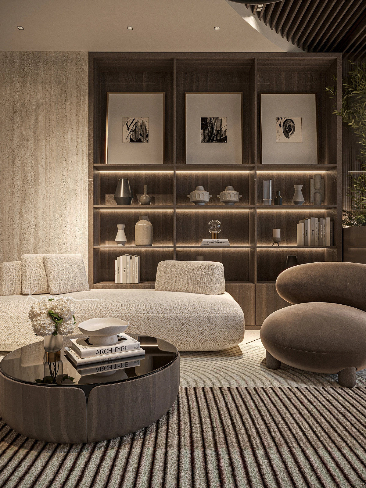 Modern luxury living room interior design in Dubai by Known Design featuring bespoke furniture and minimalist decor.