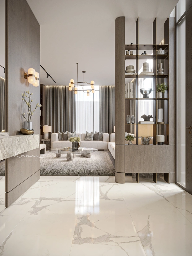 Modern luxury home office interior design in Dubai by Known Design, featuring bespoke wood cabinetry, integrated smart lighting, and minimalist ergonomic furniture.