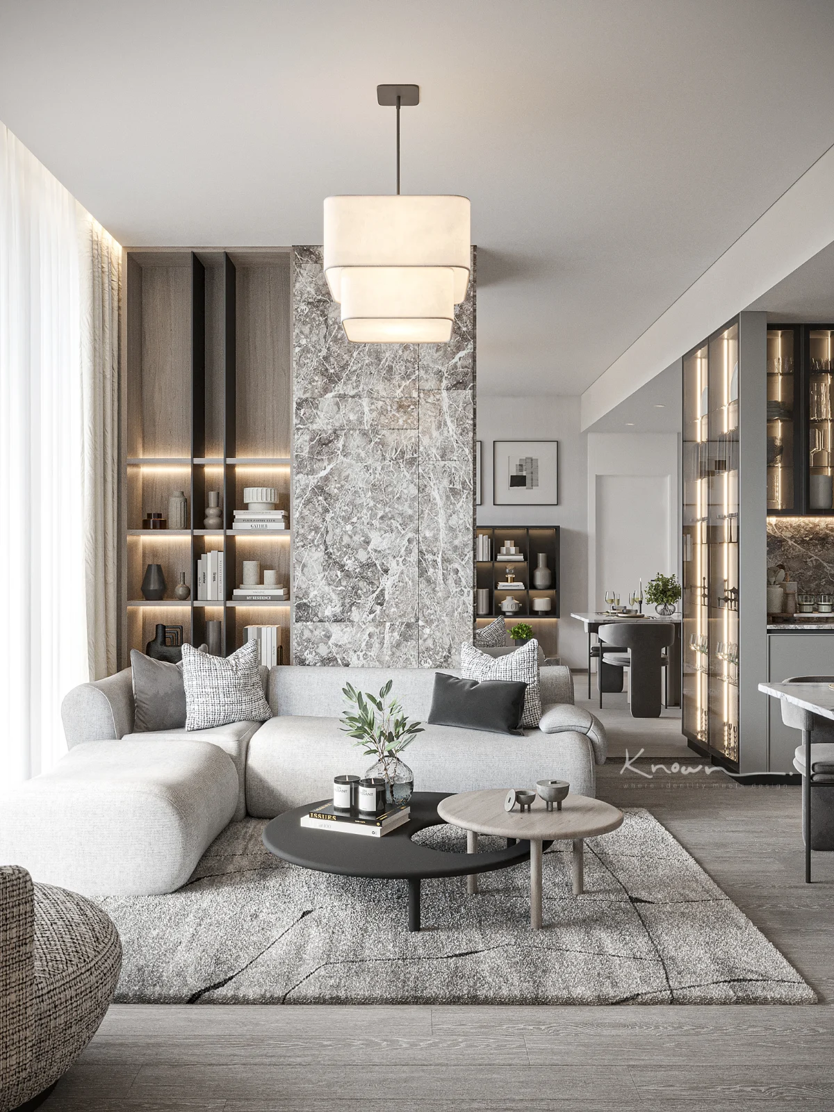 spacious designer living room with contemporary furnishings