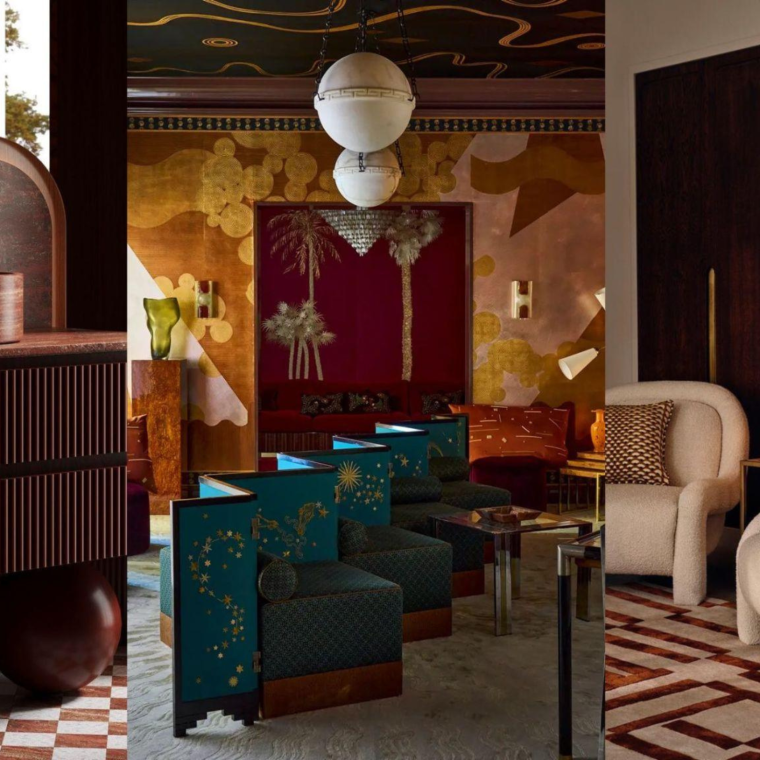 Interior design trends 2026 living room with textured wall paneling, curved furniture and natural materials