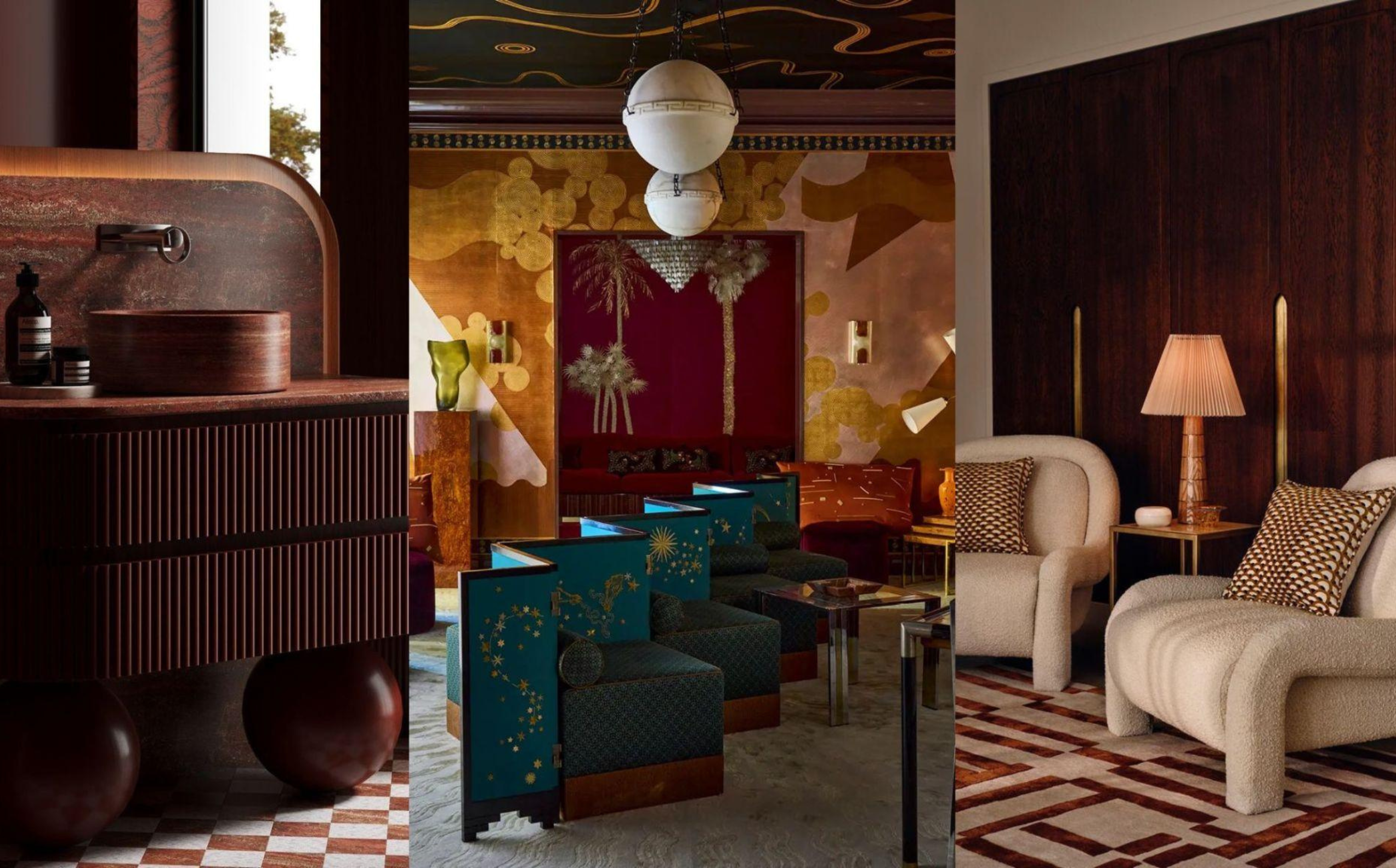 Interior design trends 2026 living room with textured wall paneling, curved furniture and natural materials