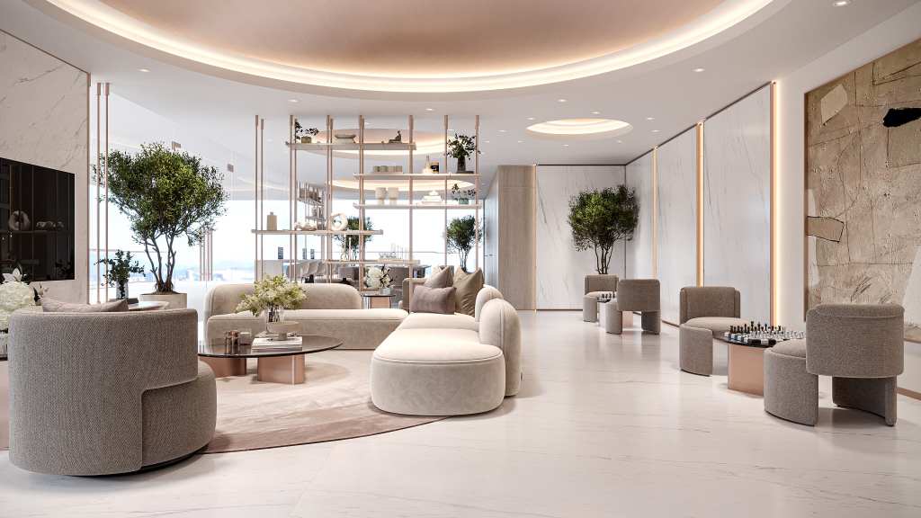 Modern club house interior lounge with contemporary seating, open layout and natural light