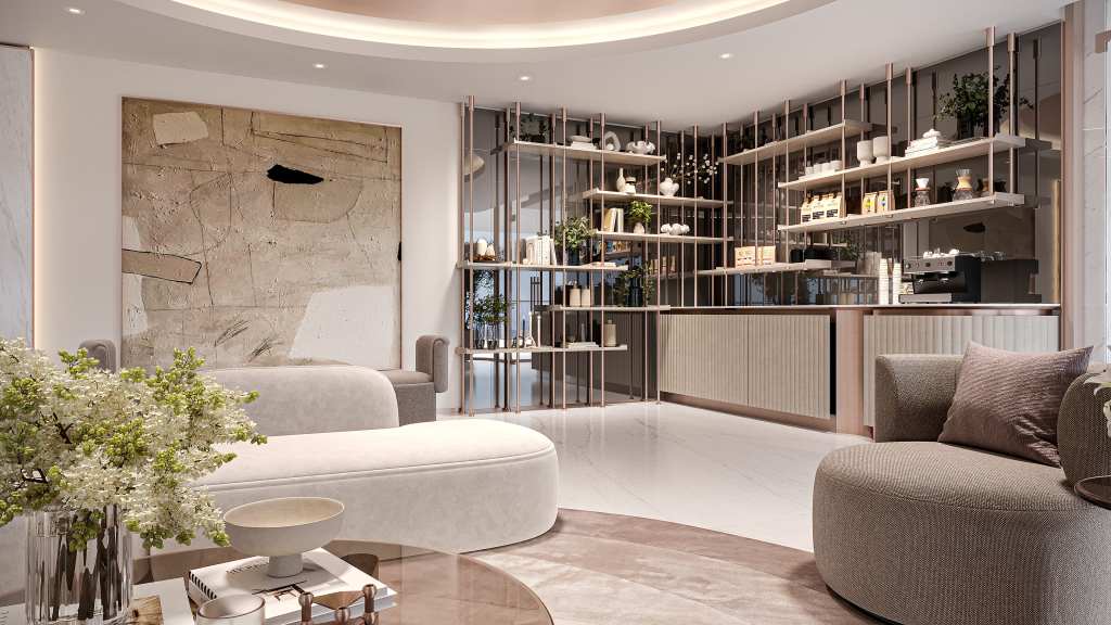 Club house architectural landscape view showing modern design, outdoor seating, and surrounding greenery